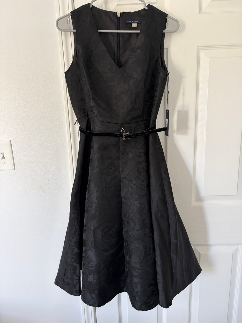 Tommy Hilfiger Black Floral Jacquard Midi Dress with Slim Belt